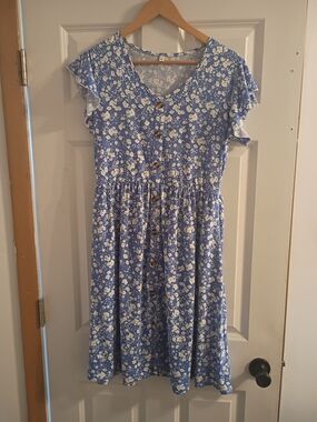 Blue Floral Button-Front Women’s Dress